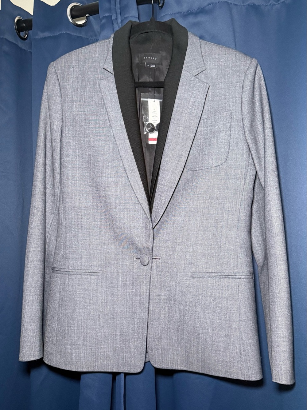 Theory Light Gray Blazer with Black Shawl Lapel
